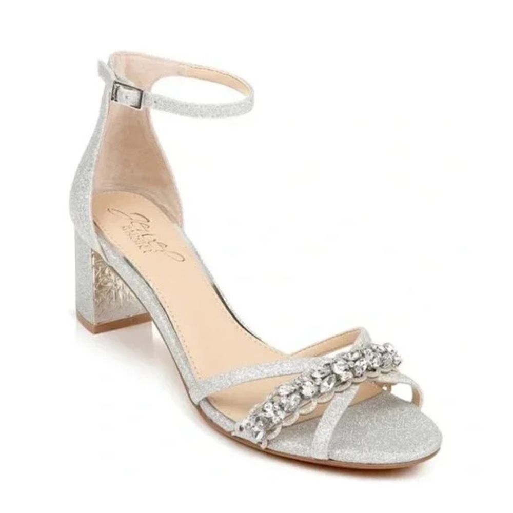 BADGLEY MISCHKA Giona Silver Glitter Rhinestone Ankle Strap Sandals